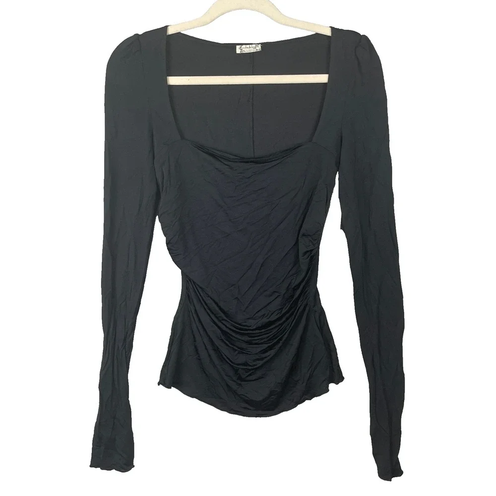 FREE PEOPLE Wind Down Layering Top‎ Small Black Ruched LS Vampy Witchy Goth New
